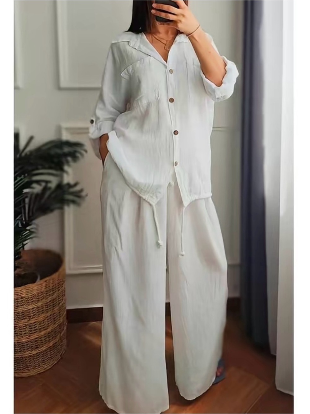 Elegant Minimalist Casual Wide-Leg Pants + Button Shirt - White New Boutique - Picture 5 of 6